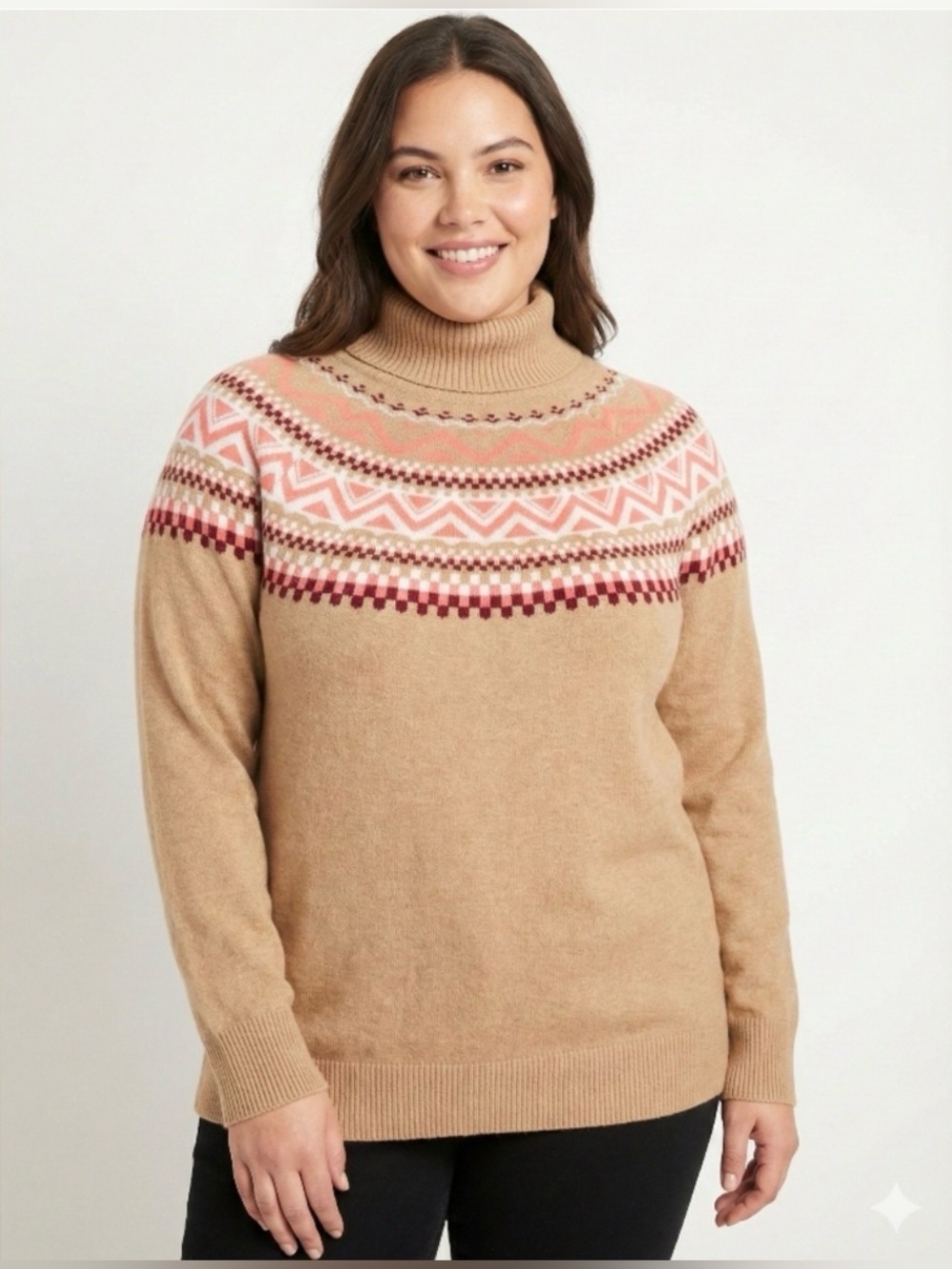 L.L. Bean Fair Isle Geometric Nordic Knit Turtleneck Sweater Cotton Cashmere